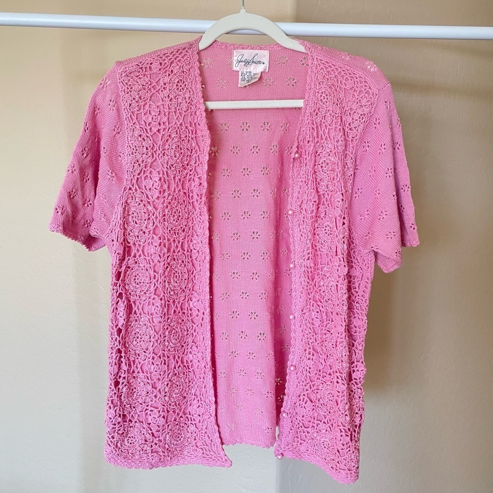 Vintage Pink Jacquline Smith Crochet Short Sleeve Cardigan